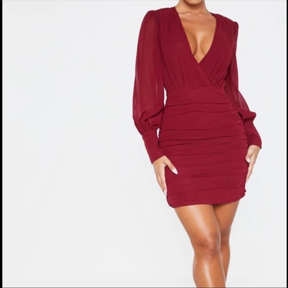 burgundy ruched bodycon dress
